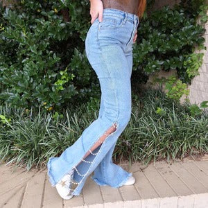 Light Wash Jeans with Crystal Chain Detail